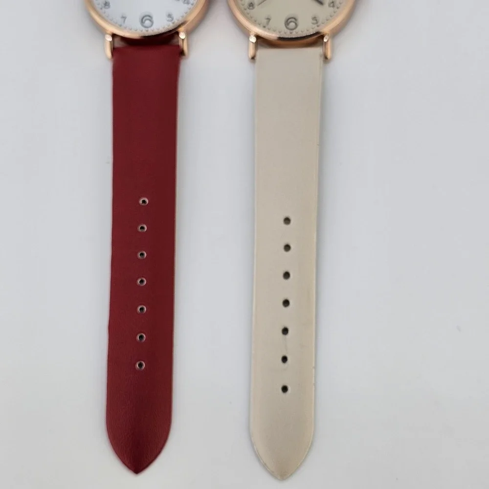 2X Women's‎ Watch 36MM White Cream Dial Red Cream Faux Leather Bands NEW Battery
